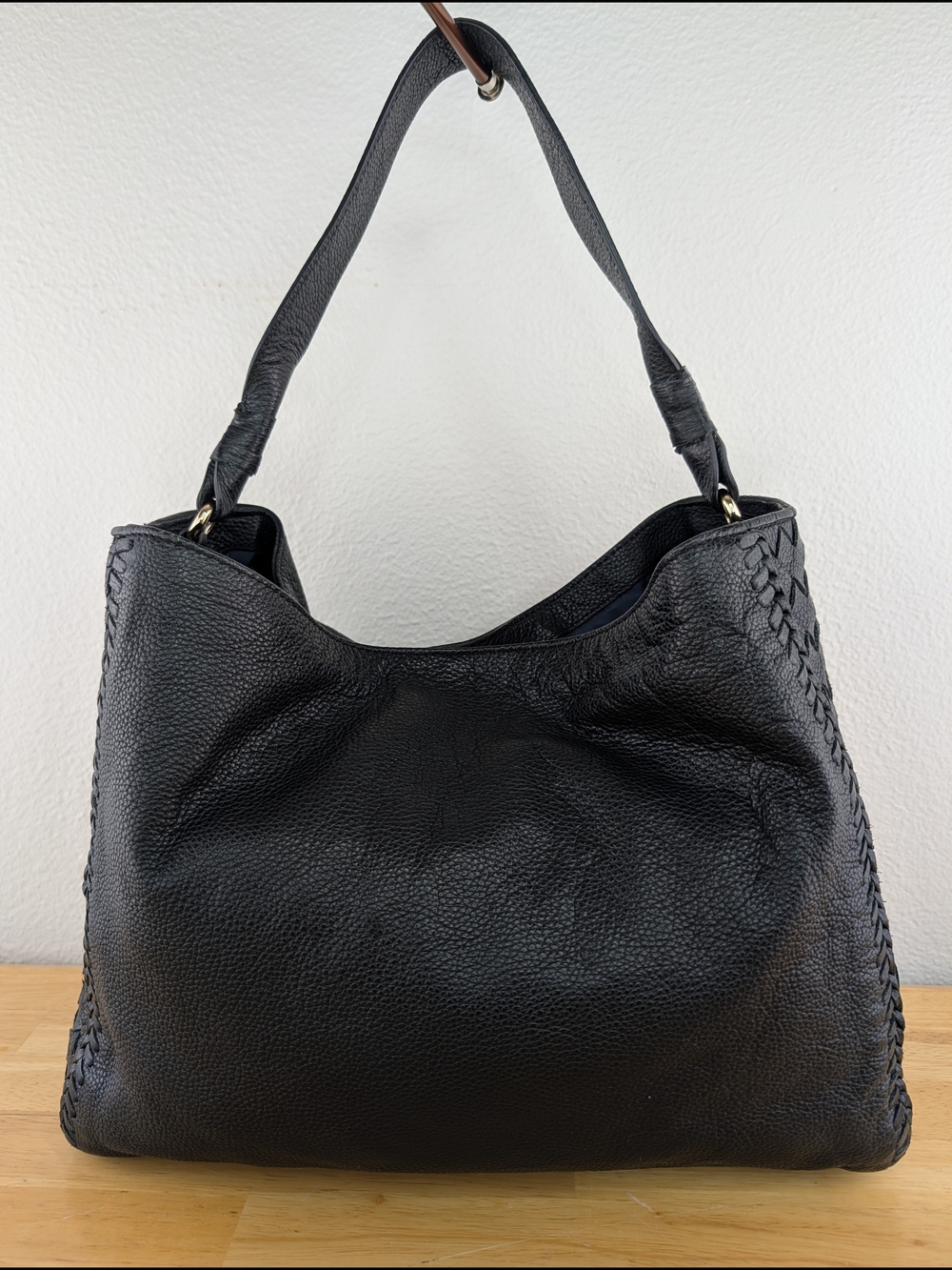 Cole Haan Dillan Black Pebbled Leather Hobo Shoulder Bag Basket-weave Detail - Picture 2 of 15